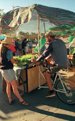 Rush Linhart pedals his way to get a shot of wheatgrass to Katrina Blair at the Turtle Lake Refuge booth.