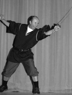 Freddy McDaniel, who plays George Hay in the Durango Act Too Players' production of "Moon Over Buffalo," wields his sword in a scene where he depicts Cyrano de Bergerac.