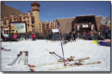 Beer-thirty: Tired skiers take advantage of Purgy’s sun deck for some apres ski refreshments.