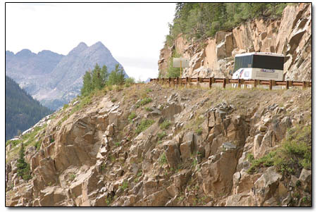 I think I can: A bus travels southbound toward the top of Molas Pass on Sunday Morning.