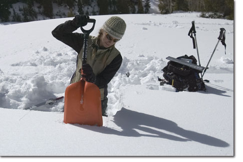 Forecaster Susan Hale isolates a block of snow in a Ruschblock test, which estimates the strength of the snowpack. She concluded that the pack was scary at best. 