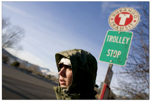 Michael Mahan waits for the Trolley along North Main on a cold
Tuesday morning.