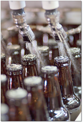 After being filled and capped, the bottles get a quick, cool
bath before being boxed and shipped.