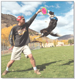 Mike Sulkosky watches as his border collie Sasha jumps for a
Frisbee nearly 6 feet in the air.