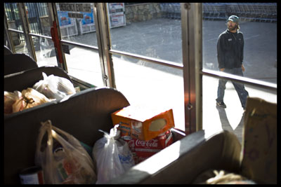 An onlooker checks out the food-laden schoolbus.