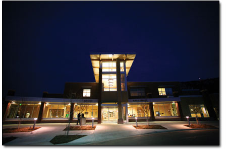 The grand entrance to the Durango Public Library lights up after
dark.