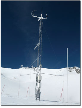 The tower at Senator Beck monitors snow depth, reflectivity, air
temp, wind and incoming radiation.