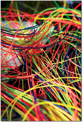 Colorful tangles of kevlar cord attach pilot to wing.
