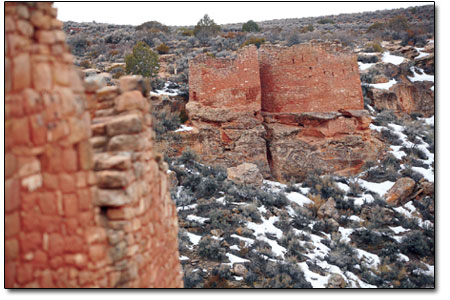 A view of the Twin Towers ruin, perched above Little Ruin Canyon
at Hovenweep.