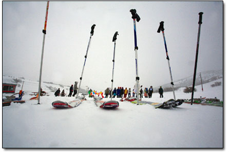 Skis at the starting line waiting for take off.