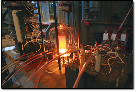 An AM transmission tube glows hot with electricity.