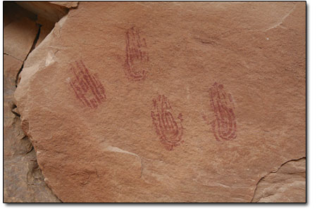 Ancient pictographs depicting handprints, hidden along a popular
Needles trail.