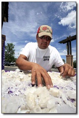 Anthony Goldtooth, of Shiprock, N.M., sifts through a weath of Arkansas quartz crystals.